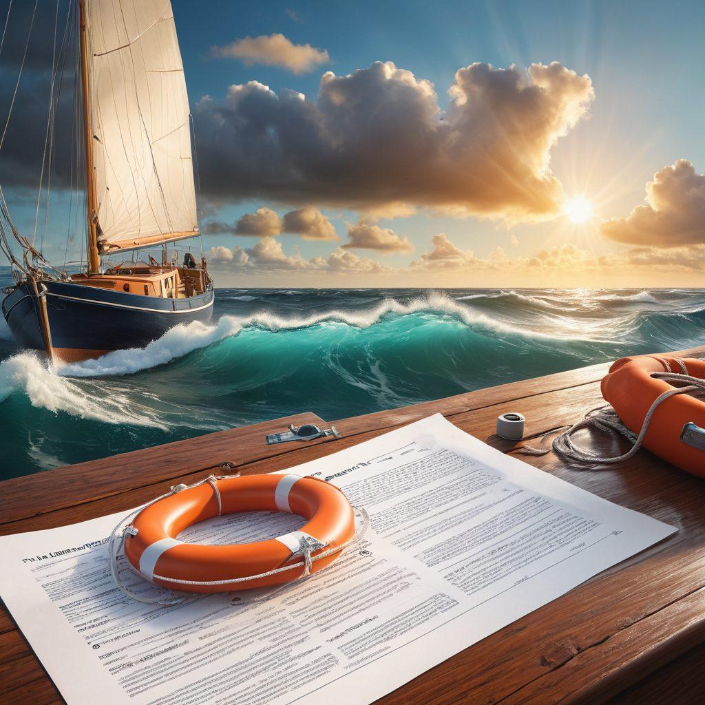 A serene ocean scene with a sturdy sailing boat navigating through challenging waves, symbolizing the journey of dealing with insurance. In the foreground, a detailed insurance policy document floats gently beside the boat, suggesting protection from risks. Soft sunlight breaks through the clouds, illuminating both the vessel and the document, creating a hopeful atmosphere. add elements like a lifebuoy and navigation tools subtly in the background. vibrant colors. super-realistic.