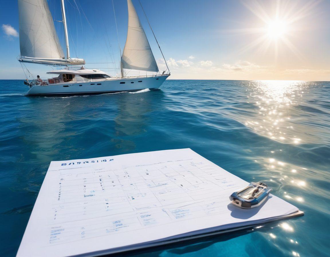A luxurious yacht sailing through crystal blue waters, with a vibrant sky reflecting the sun's rays. Surrounding the yacht are various marine symbols representing insurance policies, like anchors and life vests, seamlessly merging with the ocean waves. In the foreground, a calendar and a notepad with notes about yacht insurance are visible. This scene will evoke a sense of adventure and security on the water. super-realistic. vibrant colors. white background.